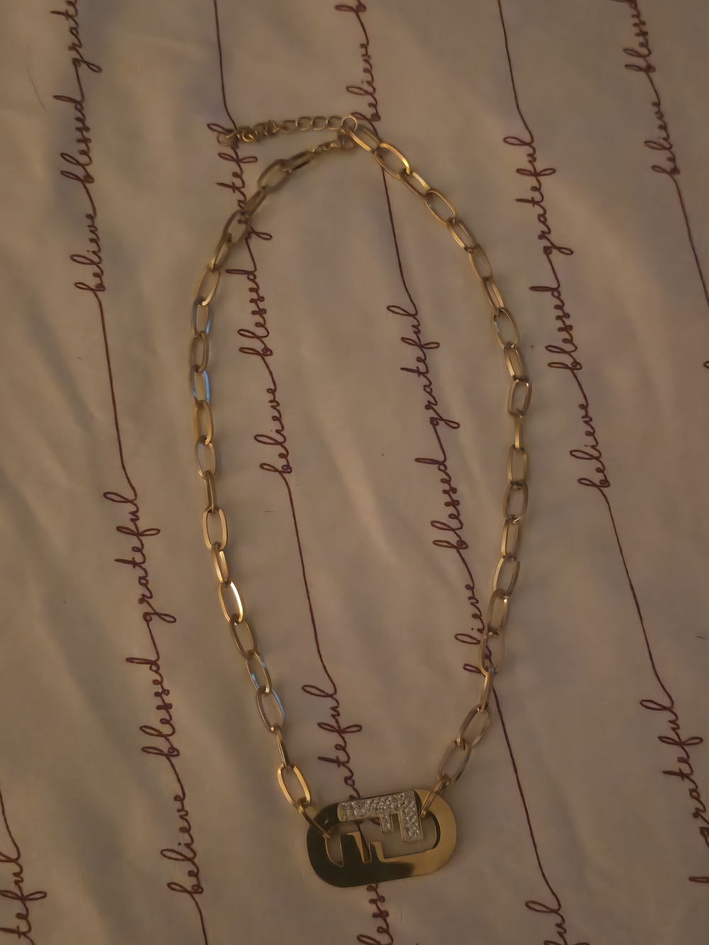 Gold Tone Link Necklace with Pave Initial Pendant